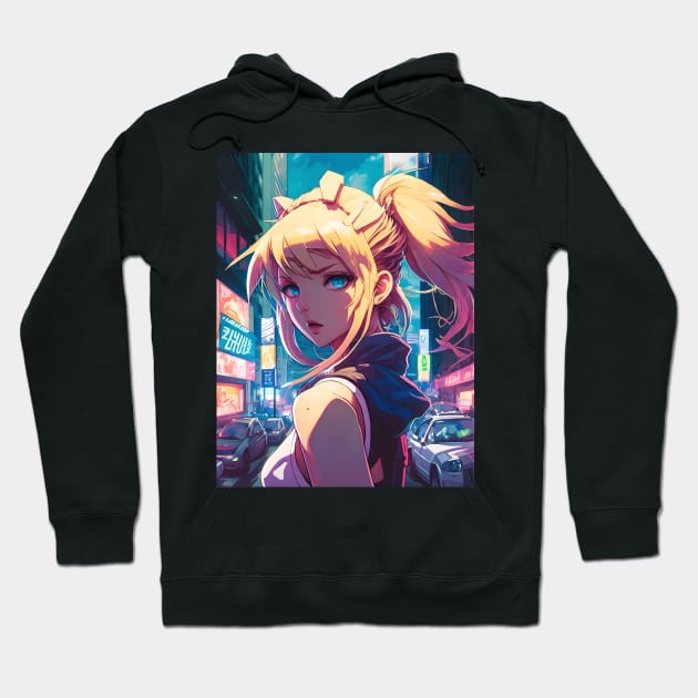 Anime Downtown Beauty: Blonde Girl Hoodie by WabiSabi Wonders